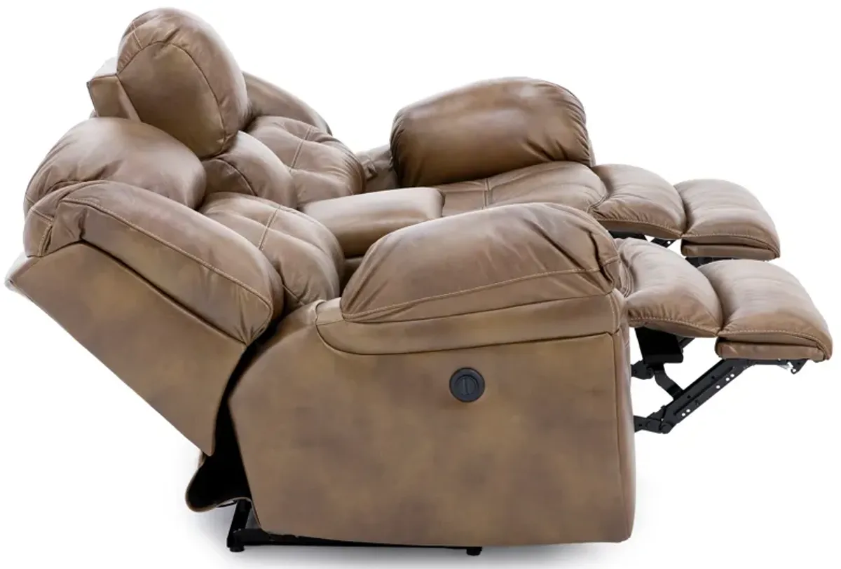 Boone Leather Power Reclining Console Loveseat in Saddle