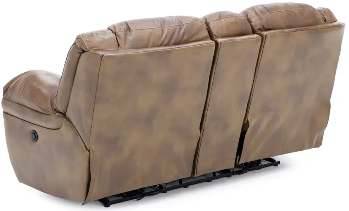 Boone Leather Power Reclining Console Loveseat in Saddle