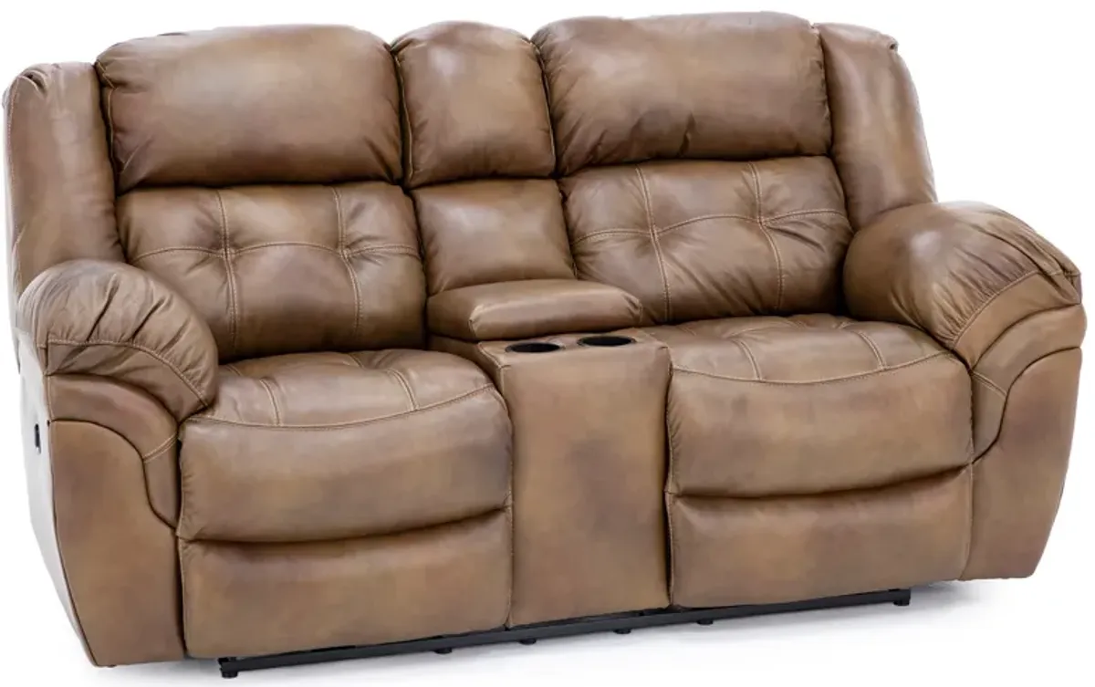 Boone Leather Power Reclining Console Loveseat in Saddle