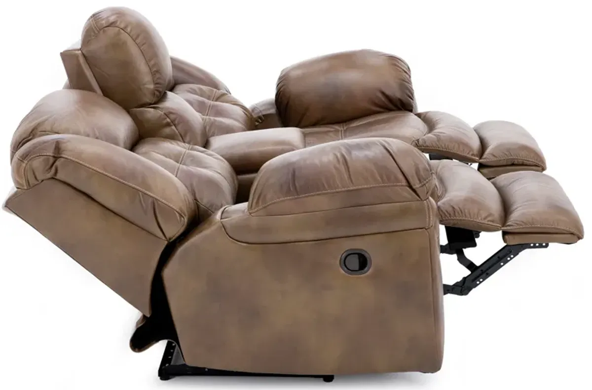 Boone Leather Reclining Console Loveseat in Saddle