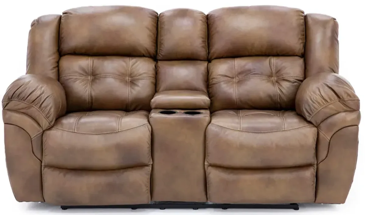 Boone Leather Reclining Console Loveseat in Saddle
