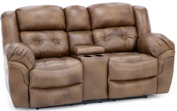 Boone Leather Reclining Console Loveseat in Saddle