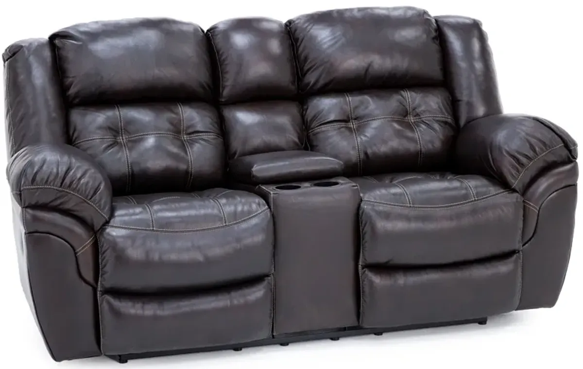 Boone Leather Reclining Console Loveseat in Whiskey