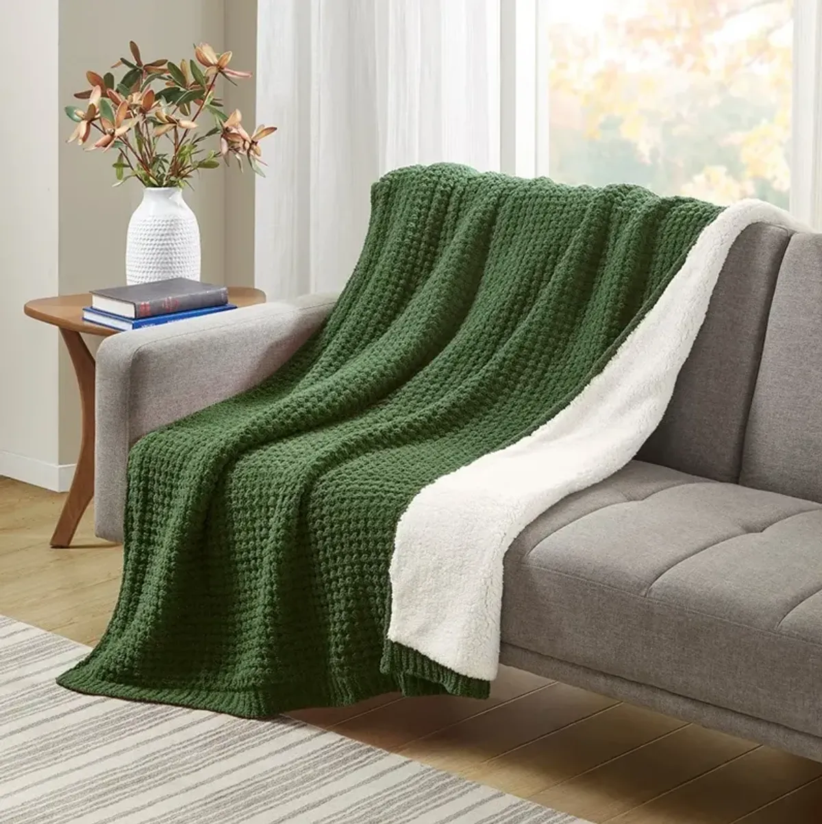 Green Knit and Sherpa Throw 50"W x 60"L