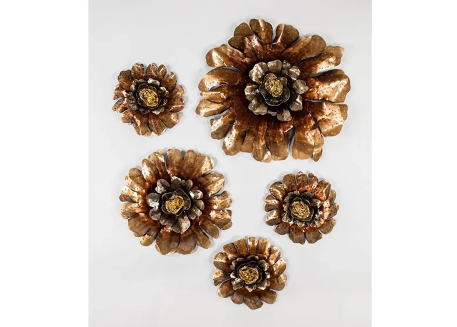 Set of 5 Bronze Metal and Glass Flowers Wall Decor 14/16/32"Rnd