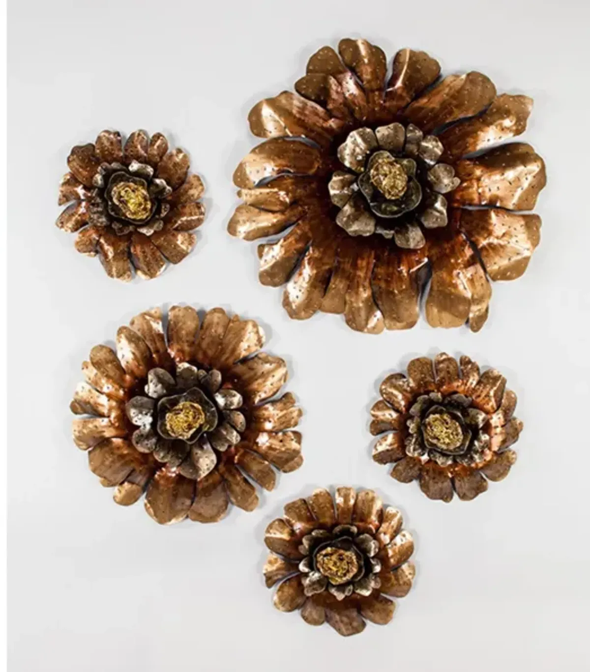 Set of 5 Bronze Metal and Glass Flowers Wall Decor 14/16/32"Rnd