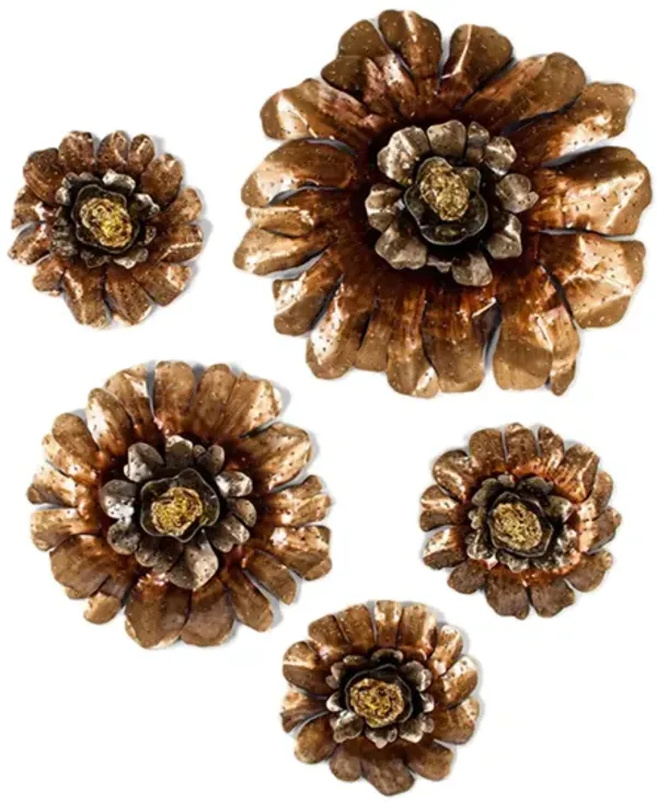 Set of 5 Bronze Metal and Glass Flowers Wall Decor 14/16/32"Rnd