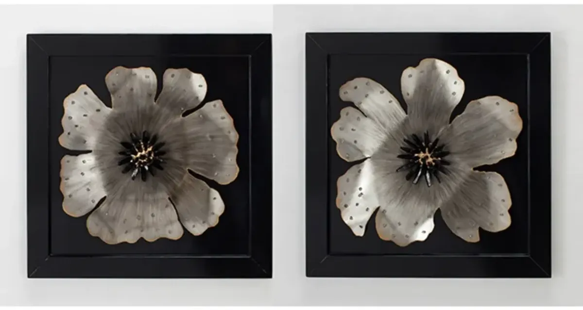 Set of 2 Black and Silver Metal Flower Framed Wall Decor 28"W x 28"H