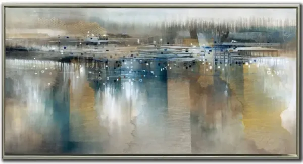 Blue and Yellow Abstract Coast Hand Embellished Framed Canvas 60"W x 30"H