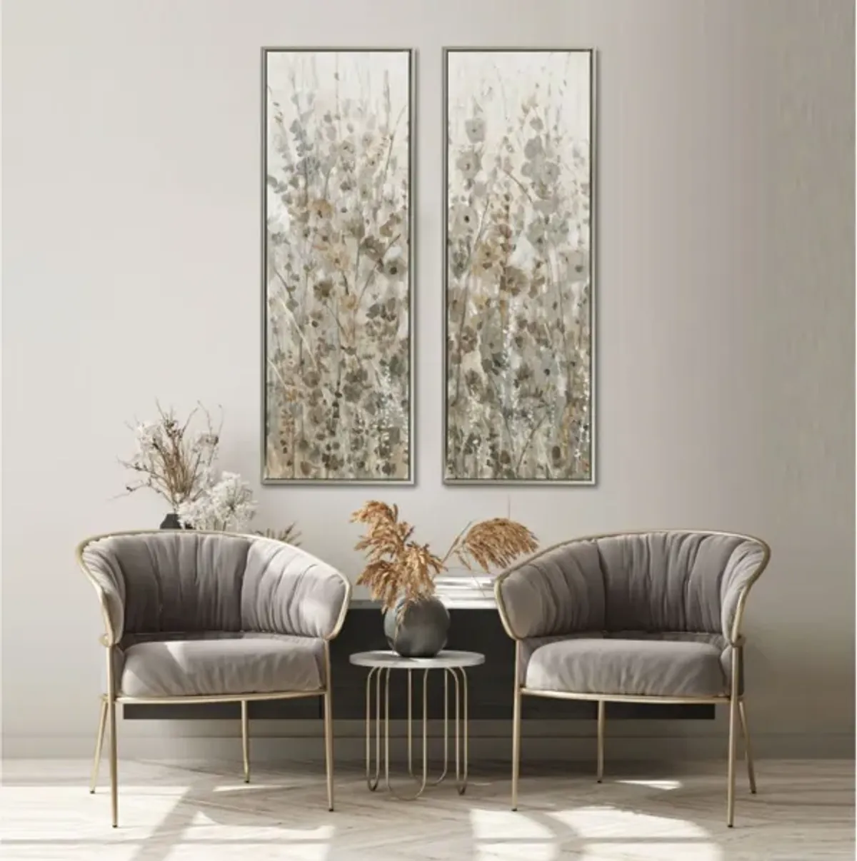 Silver and Champagne Flowers I Hand Embellished Framed Canvas 16"W x 48"H Each