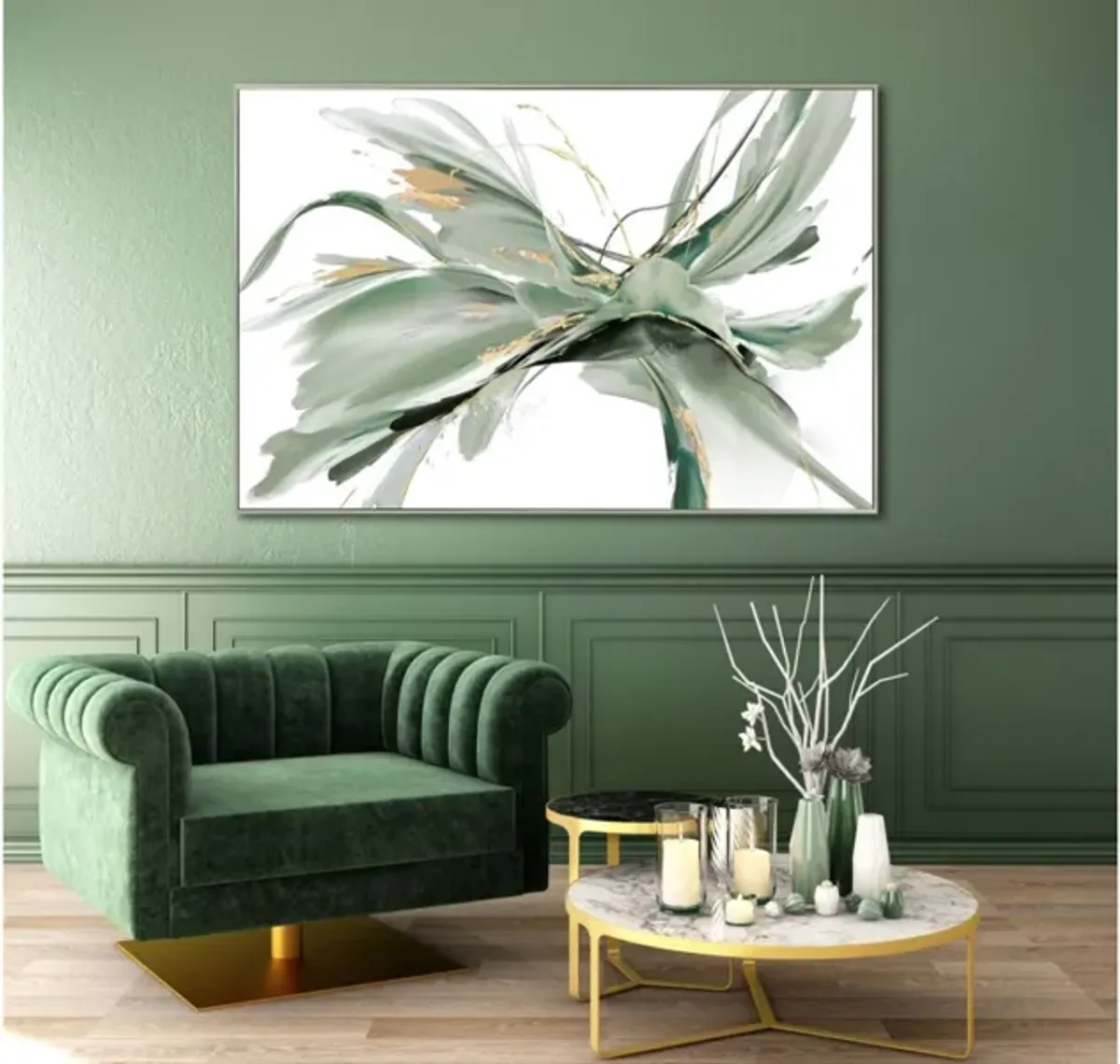 Green and Gold Abstract Hand Embellished Framed Canvas 48"W x 32"H