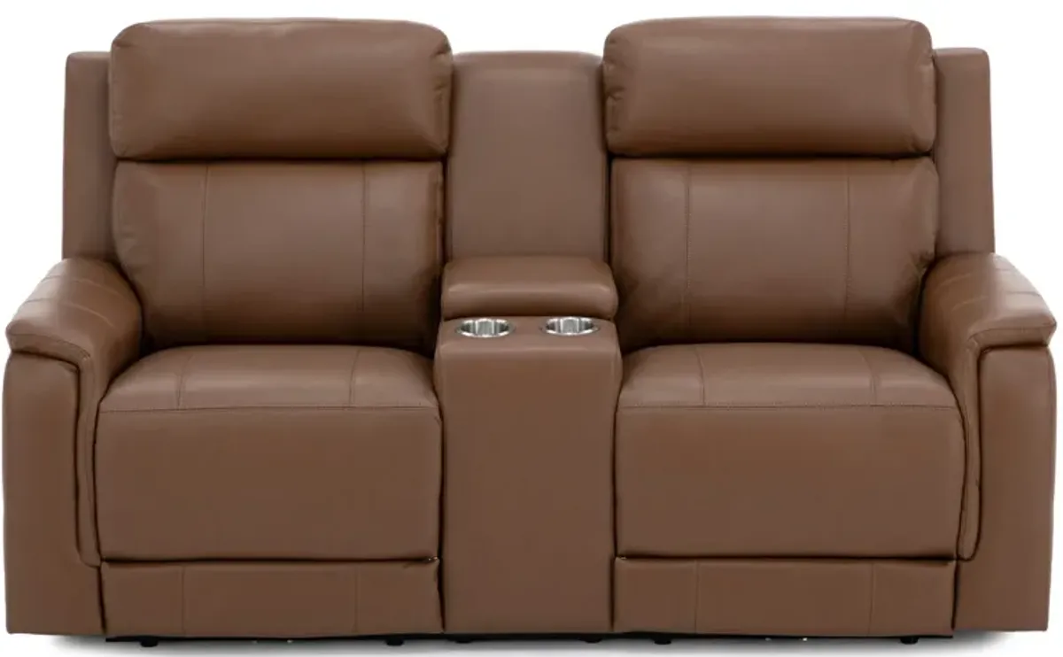 Elizabeth Power Headrest Zero Gravity Reclining Console Loveseat in Saddle