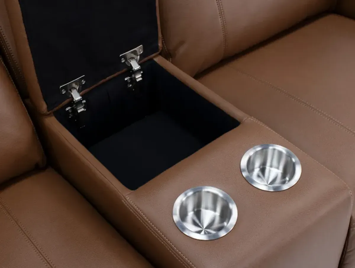 Elizabeth Power Headrest Zero Gravity Reclining Console Loveseat in Saddle
