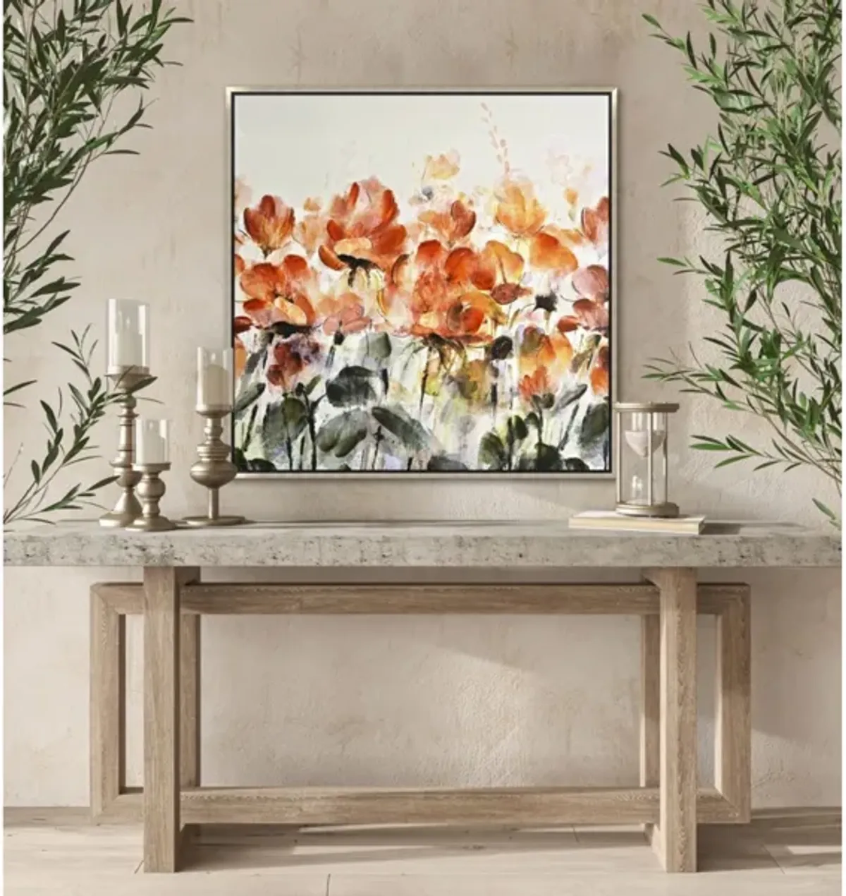 Fiery Flowers Hand Embellished Framed Canvas 36"W x 36"H