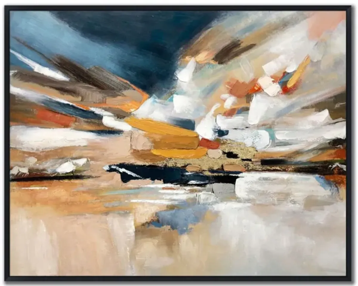 Blue, Gold, and White Abstract Hand Embellished Framed Canvas 50"W x 40"H