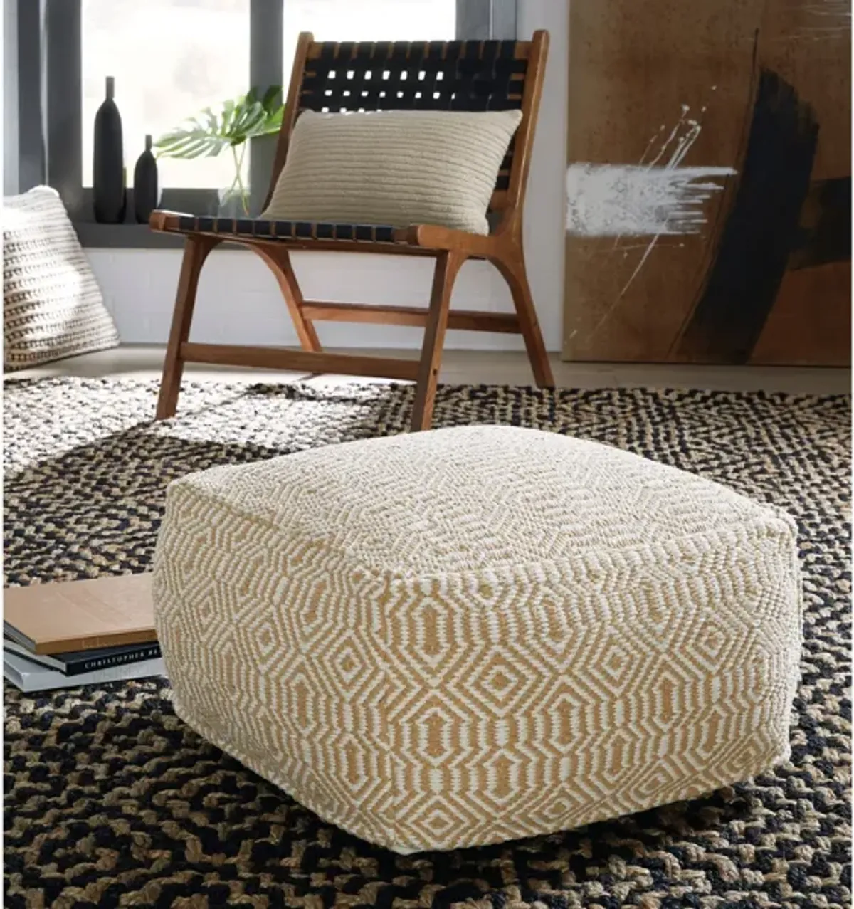 Tan and Ivory Geo Pouf 22.25"W x 14.5"H