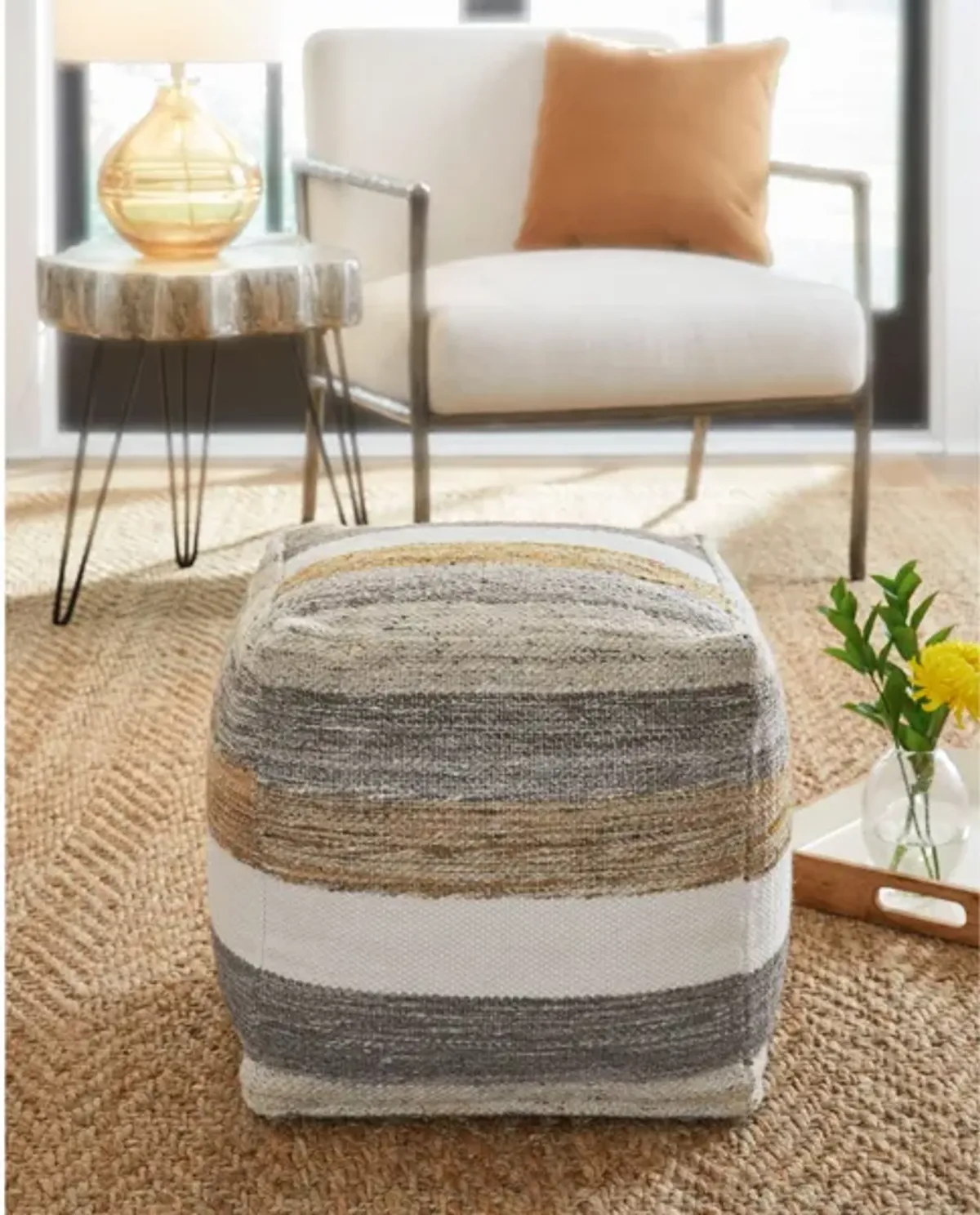 Earthy Multi Stripe Pouf 16"W x 16"H