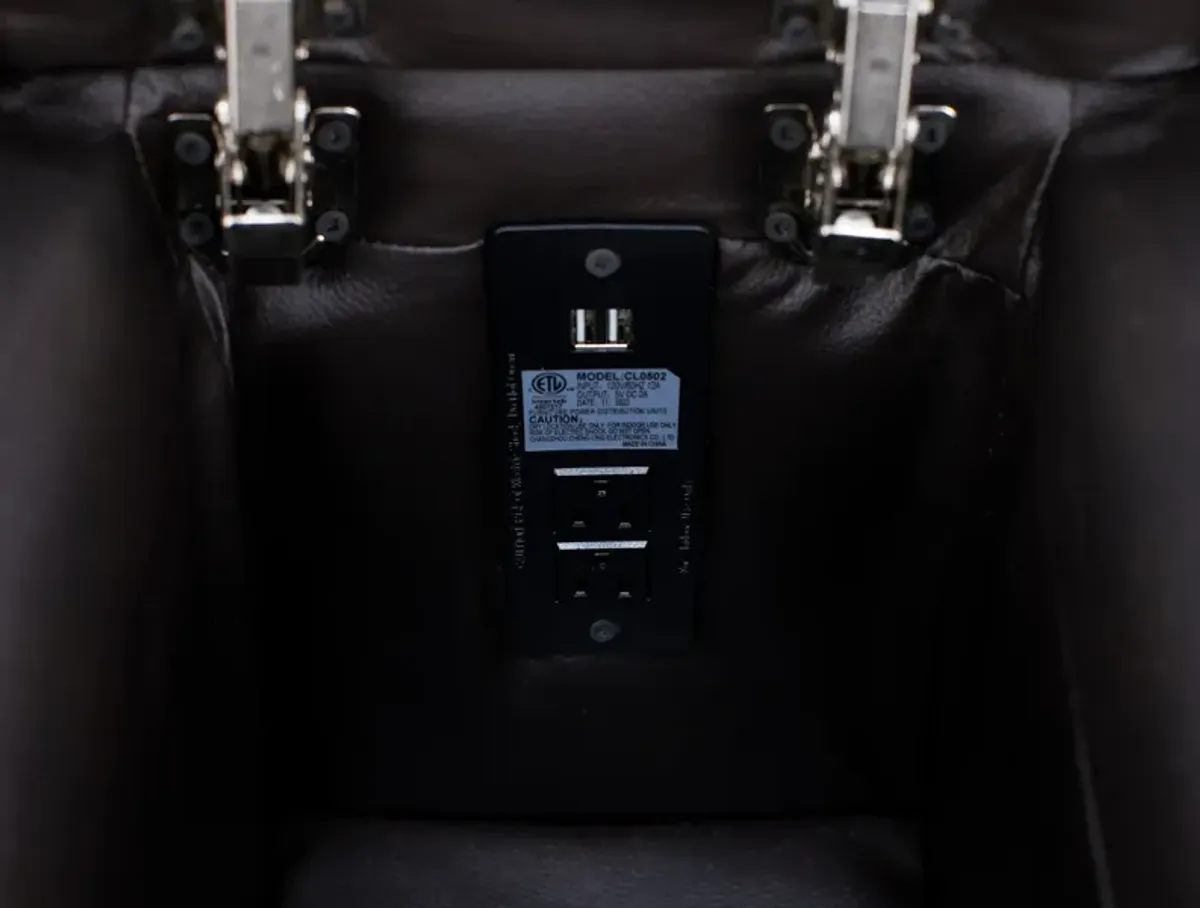 Freida Leather Power Headrest Zero Gravity Reclining Console Loveseat in Coffee