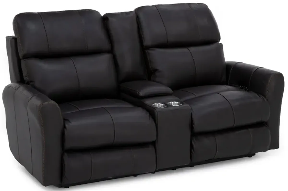 Freida Leather Power Headrest Zero Gravity Reclining Console Loveseat in Coffee