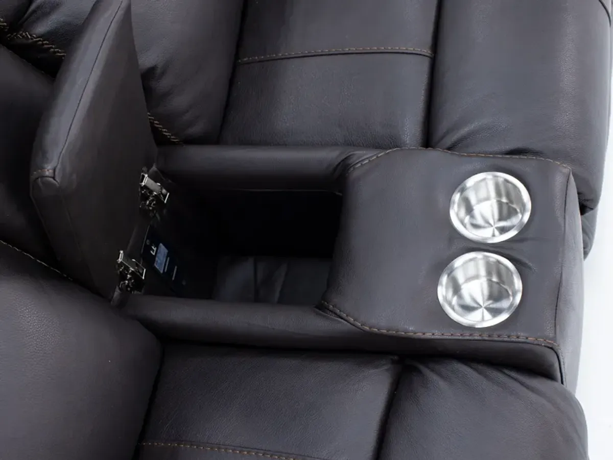 Freida Leather Power Headrest Zero Gravity Reclining Console Loveseat in Coffee