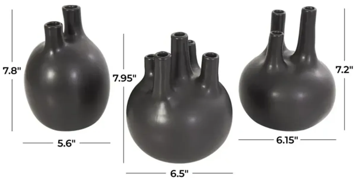 Set of 3 Black Ceramic Bud Vase 6"W x 6/7/8"H
