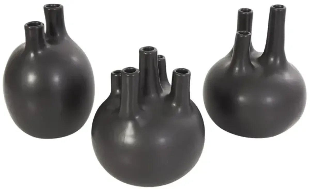 Set of 3 Black Ceramic Bud Vase 6"W x 6/7/8"H