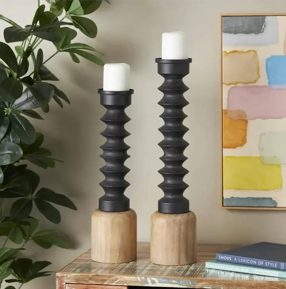 Set of 2 Black Metal Candleholders with Wood Bases 5.5"W x 20"/23"H