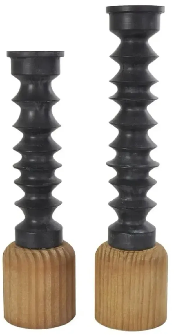 Set of 2 Black Metal Candleholders with Wood Bases 5.5"W x 20"/23"H