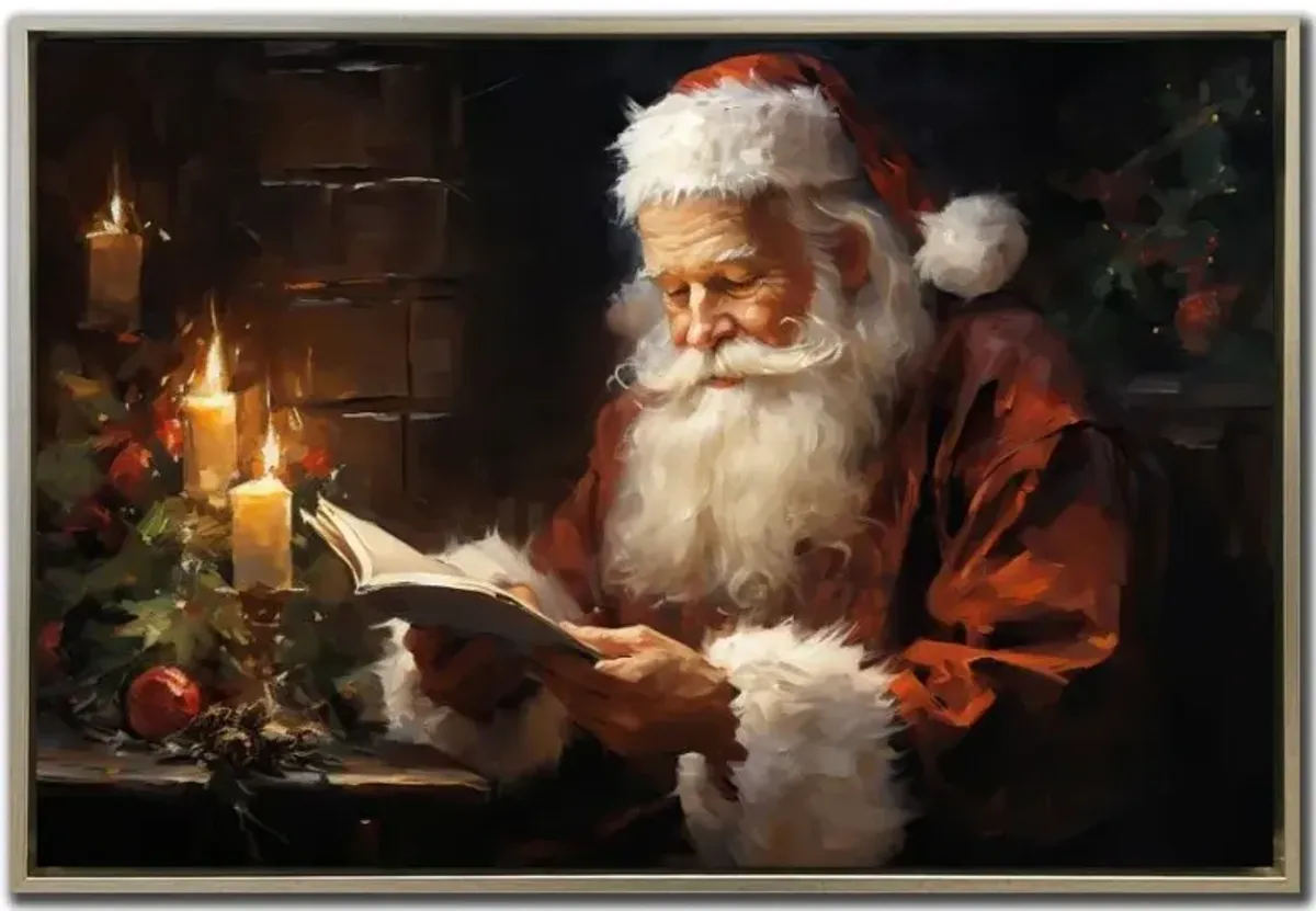Reading Santa Hand Embellished Framed Canvas 24"W x 36"H