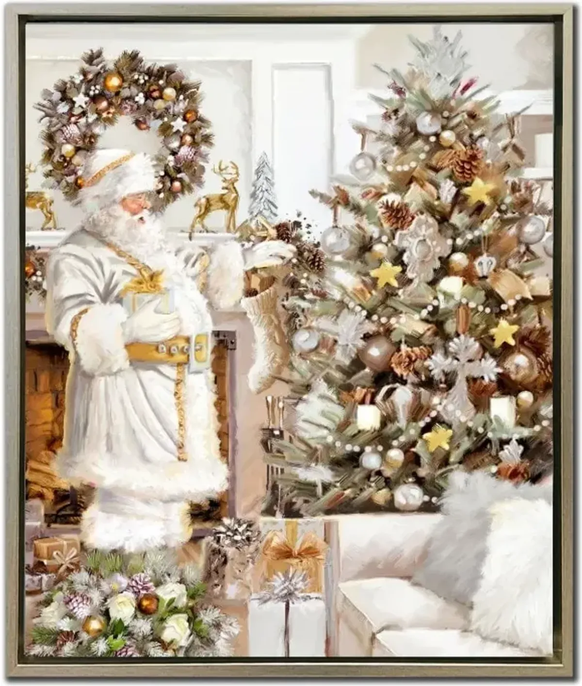 Santa White Hand Embellished Framed Canvas 20"W x 24"H