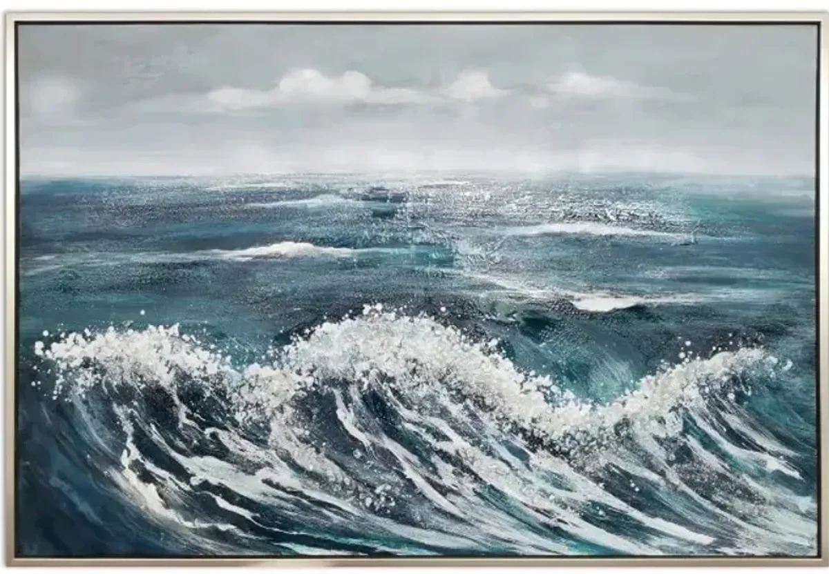 Blue Waves Hand Embellished Framed Canvas Art 62"W x 42"H