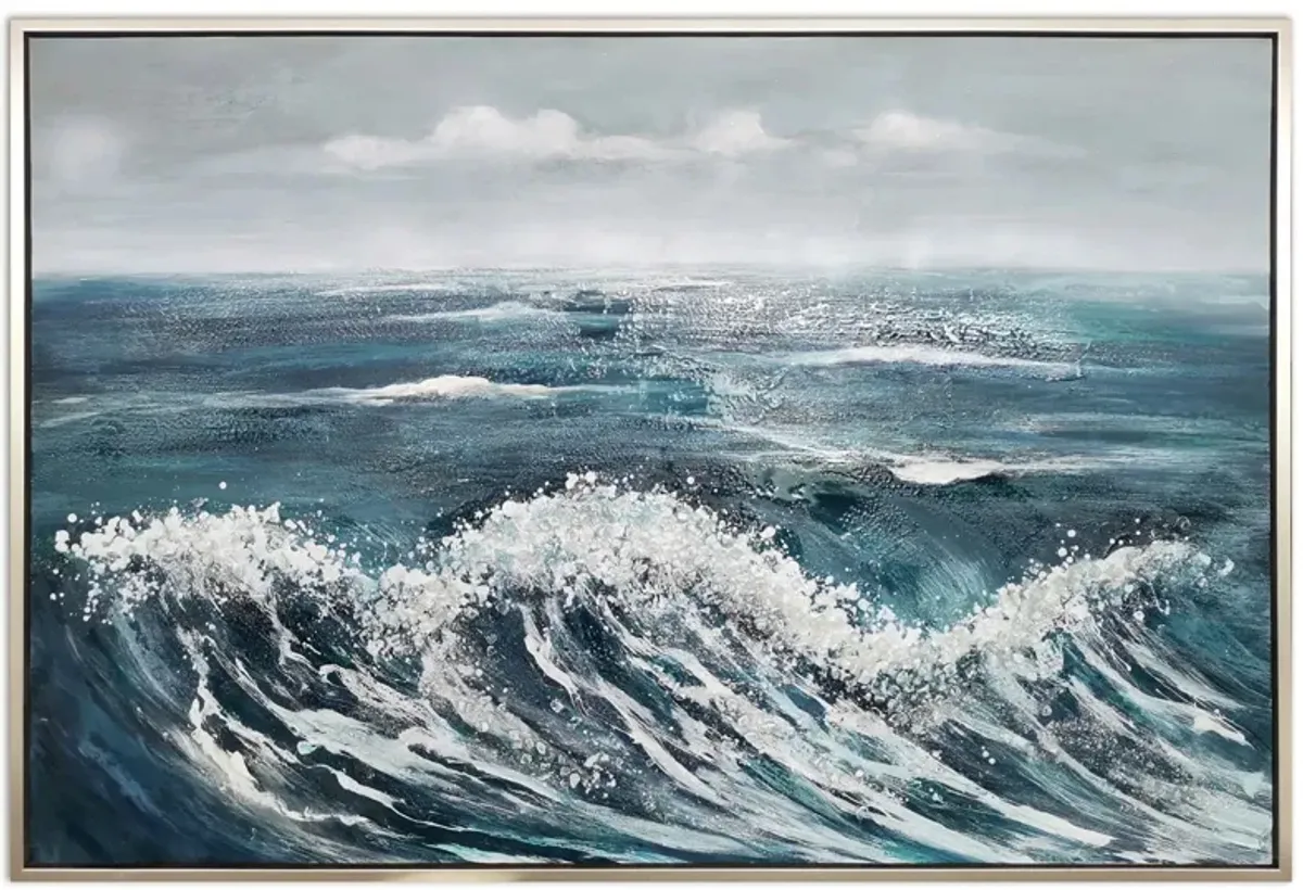 Blue Waves Hand Embellished Framed Canvas Art 62"W x 42"H