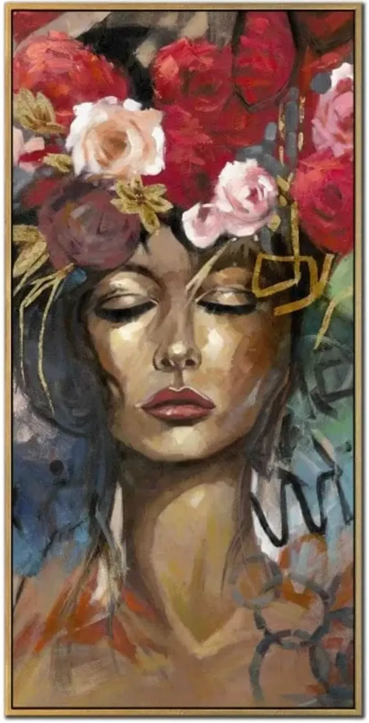 Floral Woman Hand Embellished Framed Canvas 24"W x 48"H