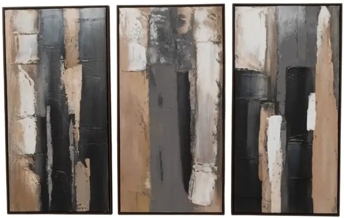 Set of 3 Black, Brown, and Grey Abstract Handpainted Wall Art 20"W x 40"H