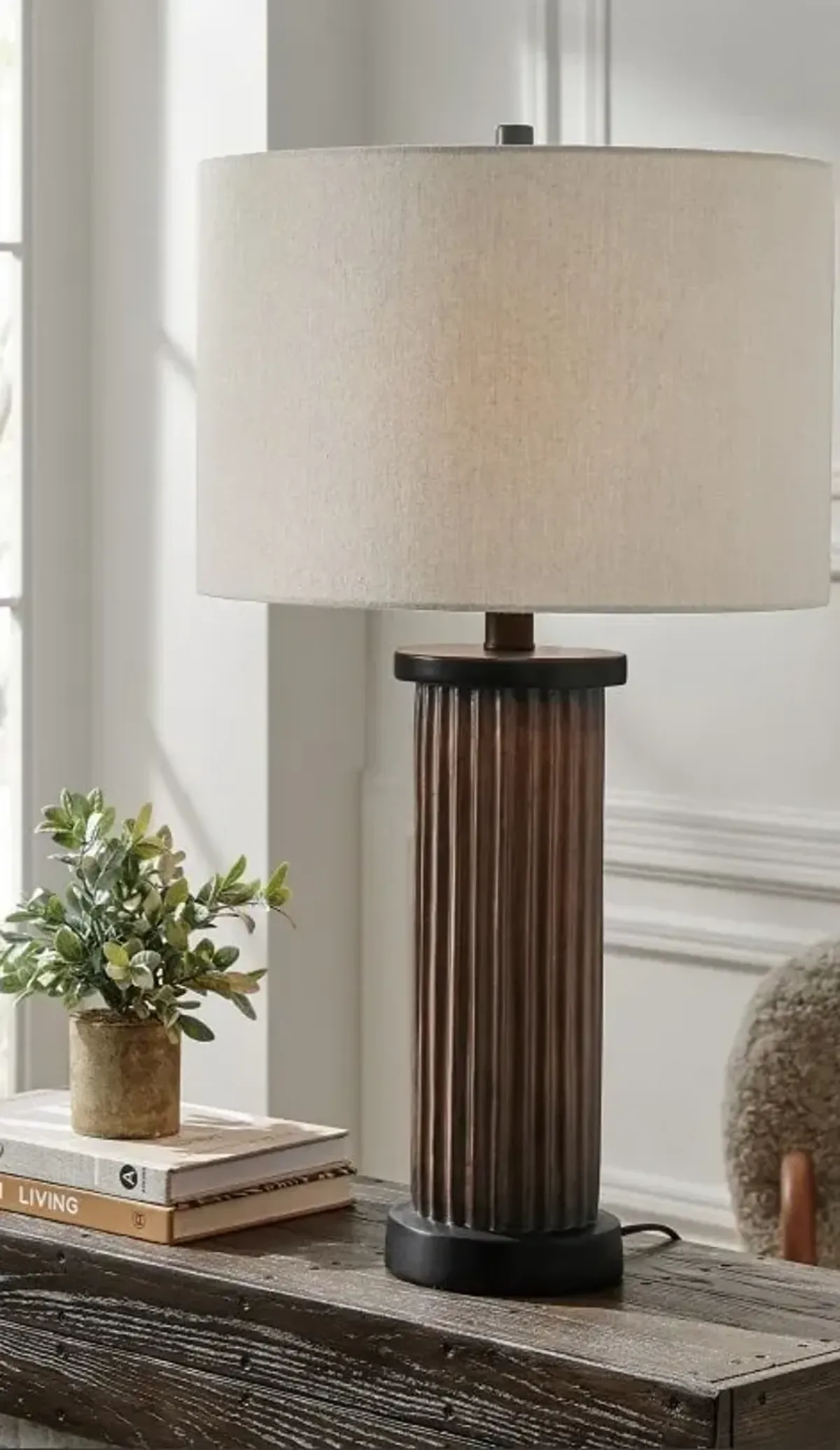 Brown Faux Wood Column Table Lamp 29.5"H