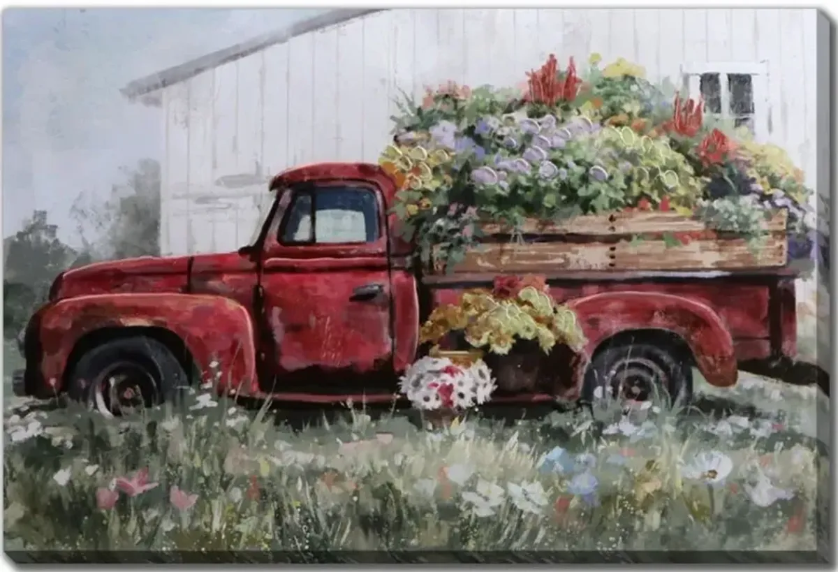 Red Truck Hand Embellished Framed Canvas 35"W x 24"H