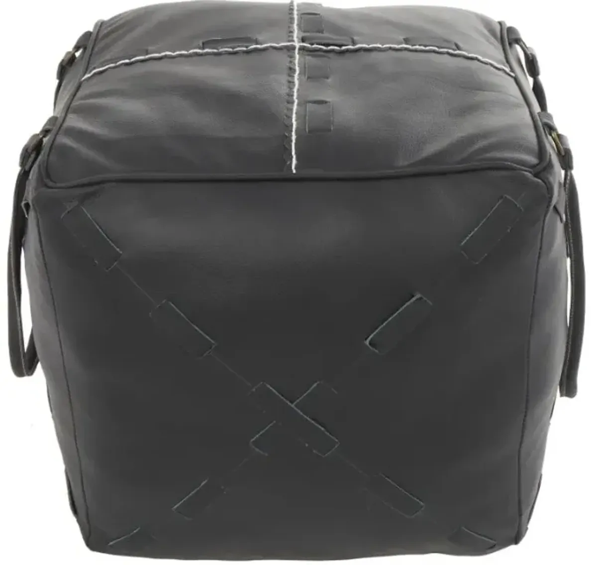 Black Leather Pouf With Handles 22"W x 19"H