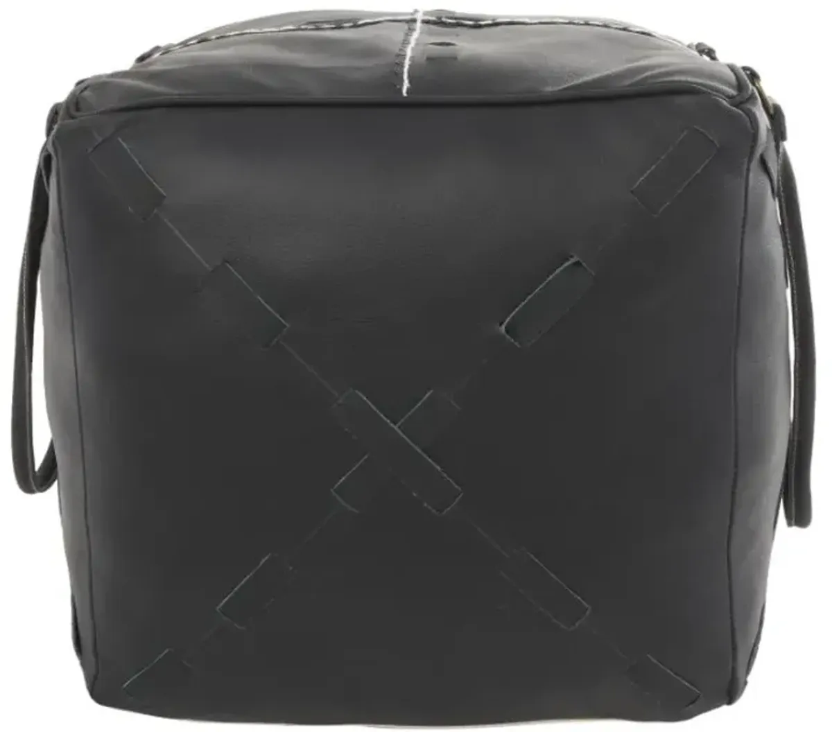 Black Leather Pouf With Handles 22"W x 19"H