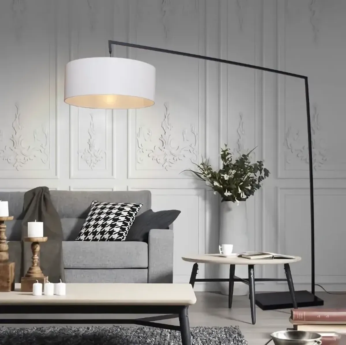 Black With Drum Shade Marble Base Floor Arc Lamp 87"H