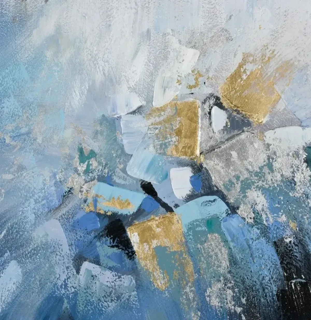 Blue, White, and Gold Abstract Canvas Framed Painting 40"W x 40"H