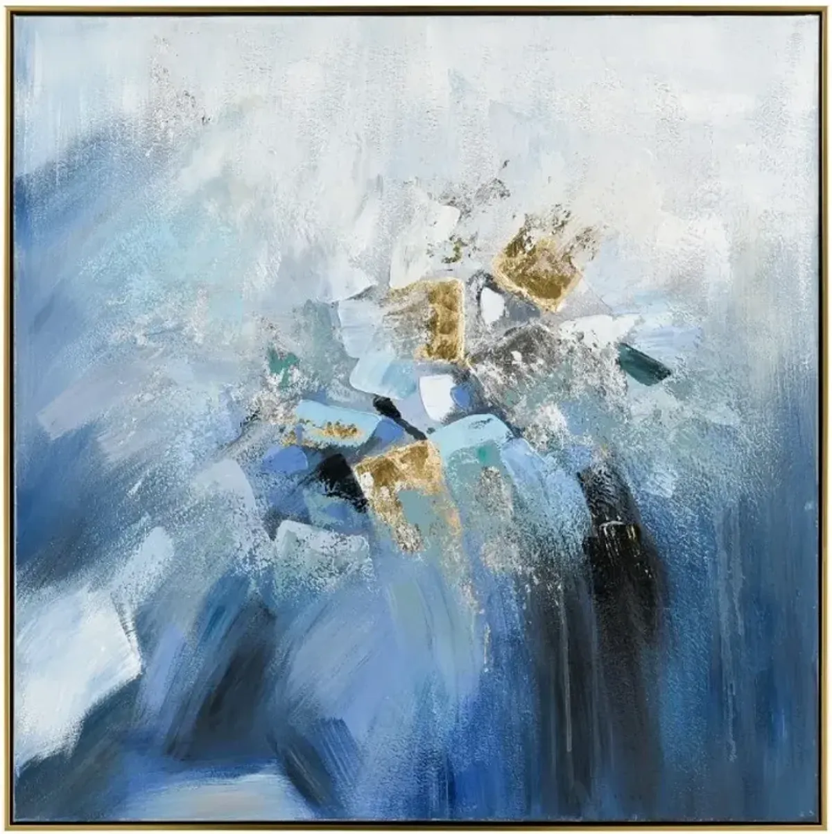 Blue, White, and Gold Abstract Canvas Framed Painting 40"W x 40"H