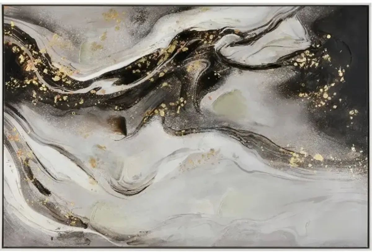 Black, Grey, and Gold Swirl Abstract Canvas Framed Painting 48"W x 33"H