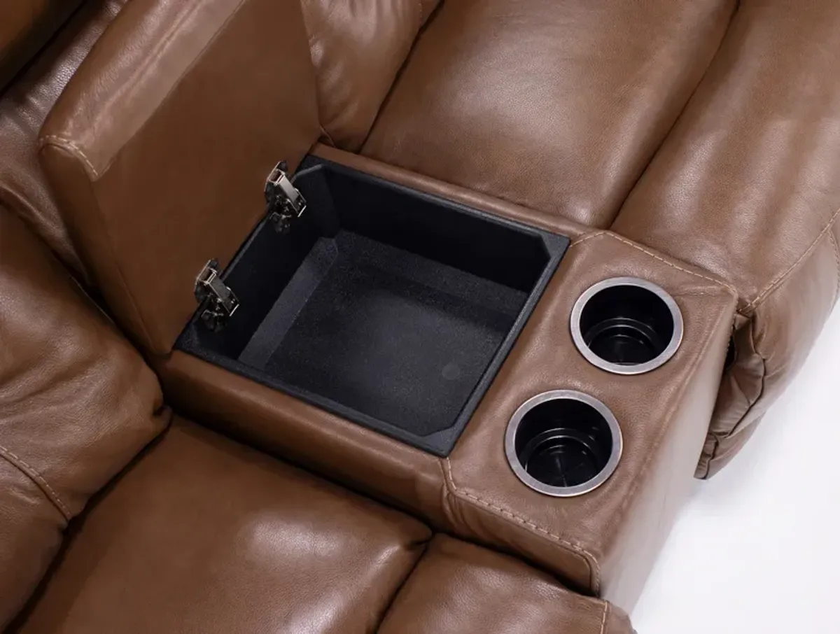 Tyson Leather Fully Loaded Zero Gravity Reclining Console Loveseat in Medium Brown