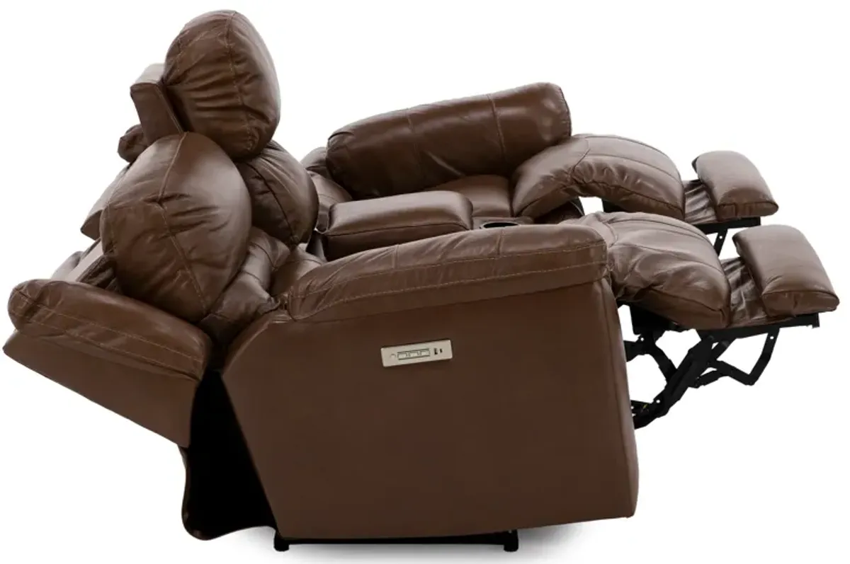 Tyson Leather Fully Loaded Zero Gravity Reclining Console Loveseat in Medium Brown