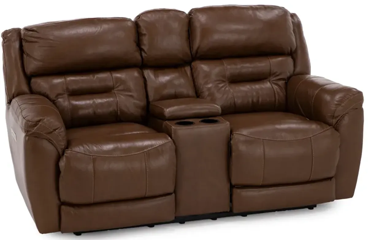 Tyson Leather Fully Loaded Zero Gravity Reclining Console Loveseat in Medium Brown