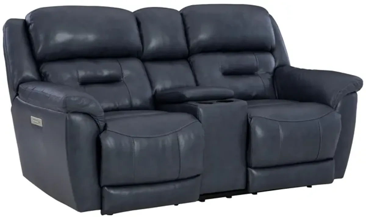 Tyson Leather Fully Loaded Zero Gravity Reclining Console Loveseat in Medium Blue