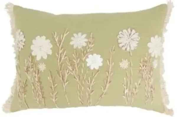 Green Embroidered Floral Poly Pillow 20"W x 14"H