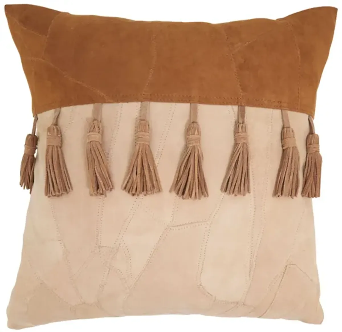 Natural Patchwork Leather Tasseled Poly Pillow 16"W x 16"H