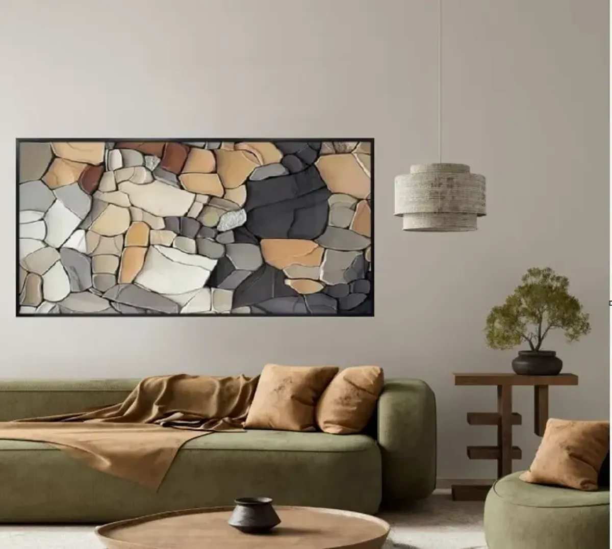 Charcoal, Brown, and Cream Mosaic Stone Framed Wall Decor 87"W x 47"H