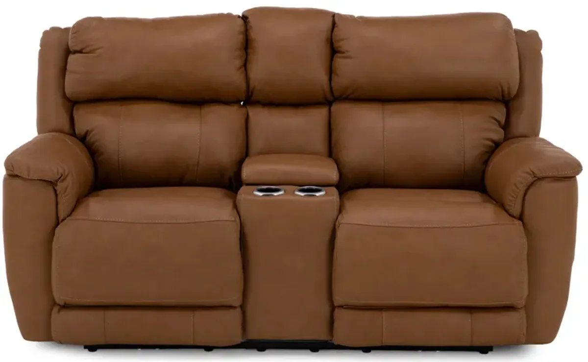 Florence Leather Fully Loaded Zero Gravity Reclining Console Loveseat in Butternut